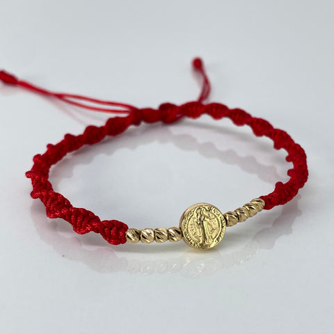 Pulsera tejida Pareja Herraje San Benito / BD 8uni 3mm / Hilo Rojo Oro amarillo 1,25 Gr †
