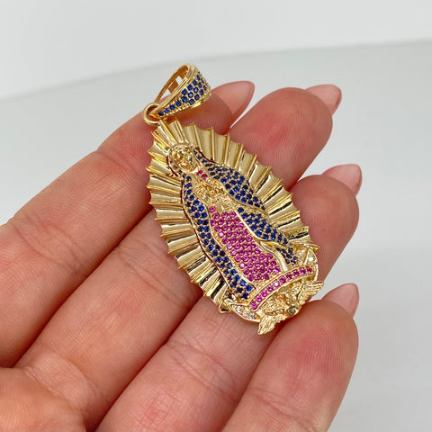 Dije Contorno Virgen Guadalupe Fondo Diamantado Circones Fucsias Y Azules Oro amarillo 18k 9,49 Gr / 5 Cm *