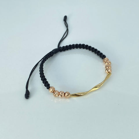 Pulsera tejida Herraje Melcocho / BD 8uni 5mm / Hilo Negro Oro amarillo y Oro rosa 1,11 Gr †