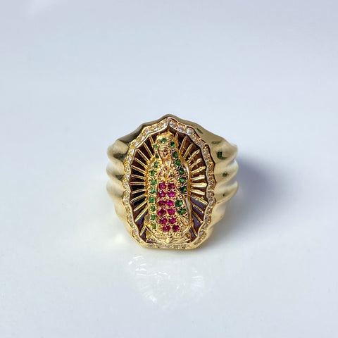 Anillo Contorno Virgen Guadalupe Circones Blancos Fucsias Y Verdes Oro amarillo 18k / Talla 7 1/2 / 6,88 Gr *