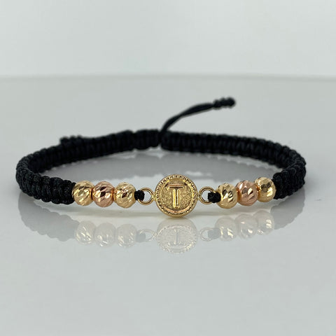 Pulsera tejida Herraje Letra T BD 5mm 6uni Hilo Negro Oro amarillo y Oro rosa 18k 1,05 Gr *