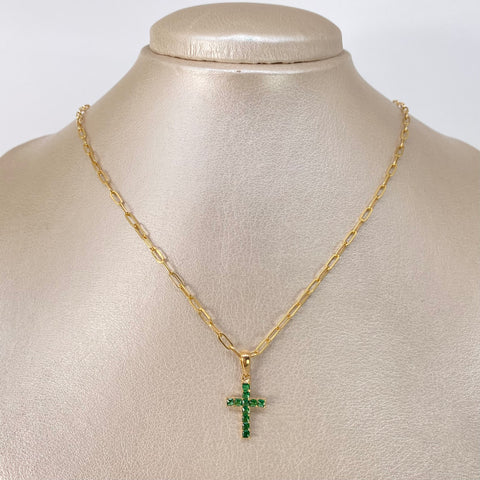 Set Cadena ● Cajon + Dije Cruz Circones Verdes Oro amarillo 18k 2,68 Gr / 2,3 mm / 45 Cm †