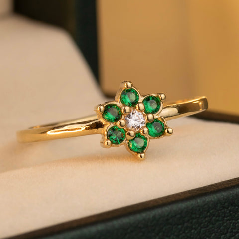 Anillo Flor Circones Verdes Blancos Oro amarillo / Talla 6 / 1,85 Gr *