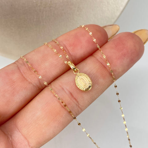 Set Cadena ● Crispeta + Dije Virgen Guadalupe Oro amarillo 18k 0,62 Gr / 1 mm / 45 Cm †
