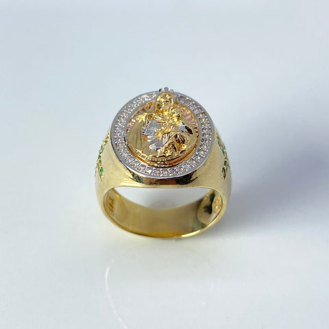 Anillo Virgen Del Carmen  Circones Blancos Y Verdes Tres oros 18k / Talla 8 1/2 / 9,85 Gr †