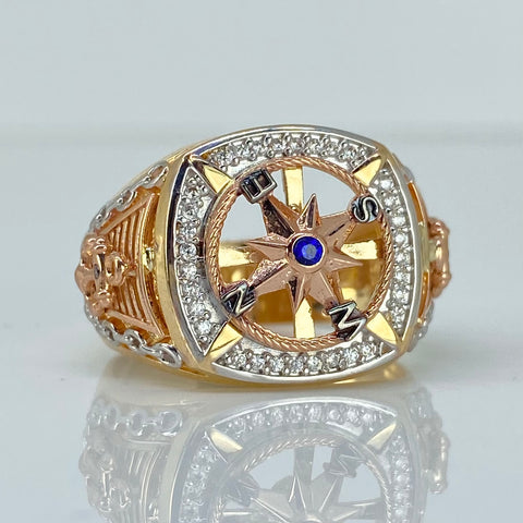 Anillo Brújula / Anclas Laterales Circones Blancos Tres oros 18k / Talla 10 / 9,64 Gr *