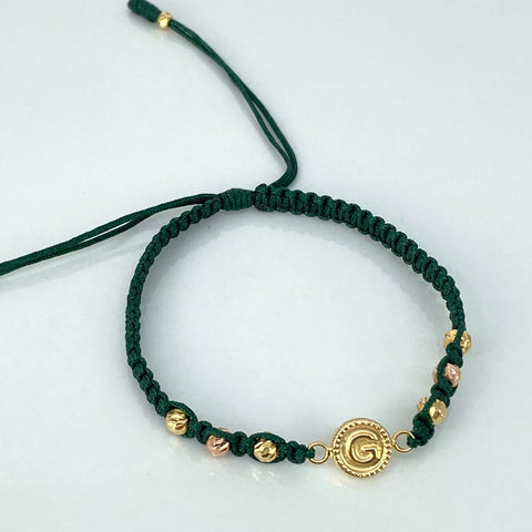 Pulsera tejida Herraje Letra G / BD 8uni 4/3mm / Hilo Verde Oro amarillo y Oro rosa 18k 0,97 Gr *