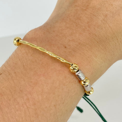 Pulsera tejida Herraje Entorchado / Cilindros BD 6uni 5mm / Hilo Verde Oro amarillo 18k 1,59 Gr *