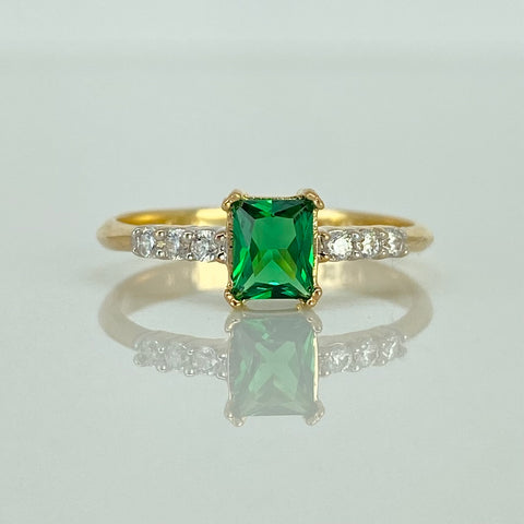 Anillo Solitario Rectangular Circones Blancos Verde Oro amarillo 18k / Talla 6 / 1,93 Gr †