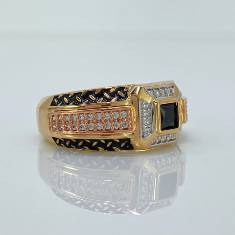 Anillo Cuadro Central Circones Negros  Y Blancos Tres oros 18k / Talla 10 / 6,45 Gr *