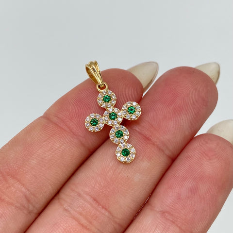 Dije Cruz Circones Blancos Verdes Oro amarillo 18k 1,64 Gr / 2,5 Cm *