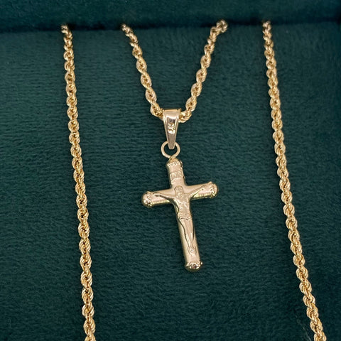 Set Cadena ● Lazo + Dije Cruz Cristo Oro amarillo 18k 3,05 Gr / 2 mm / 60 Cm †