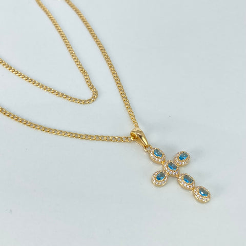Set Cadena ● Cubana + Dije Cruz Circones Blancos Azules Oro amarillo 18k 3,6 Gr / 1,9 mm / 45 Cm *