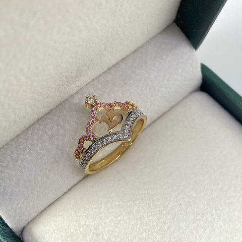 Anillo 15 Años Tiara Circones Rosas Y Blancos Tres oros 18k / Talla 6 / 2,57 Gr