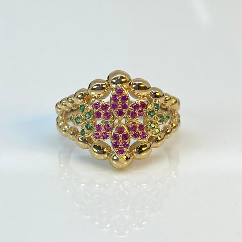 Anillo Flor Circones Fucsias Y Verdes Oro amarillo 18k / Talla 8 / 4,60 Gr