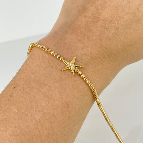 Pulso ● Bolas Lisas ESP Herraje Estrella Circon Oro amarillo 18k +3 / 2,5 Gr / 2,5 mm / 19 Cm