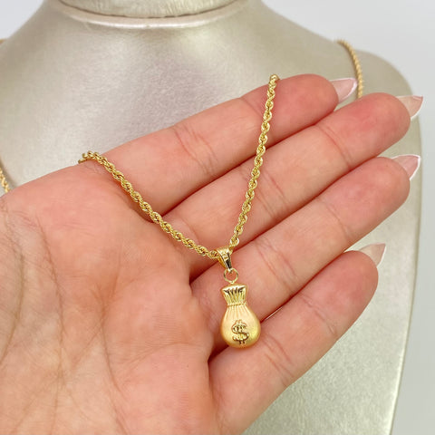 Set Cadena Lazo + Dije Bolsa Dinero  Oro amarillo 18k 4 Gr / 2 mm / 60 Cm  †