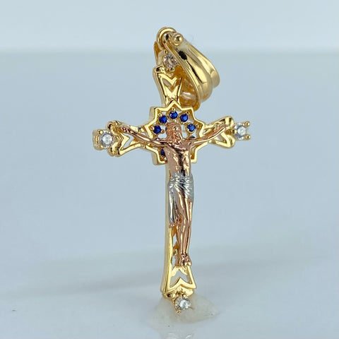 Dije Cruz Cristo Circones Blancos Azules Tres oros 18k 3,55 Gr / 4,2 Cm  *
