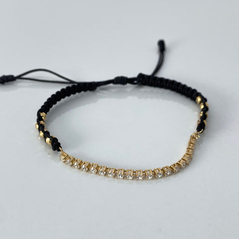 Pulsera tejida Herraje Circones Blancos / BD 8uni 3mm / Hilo Negro Oro amarillo 1,5 Gr †