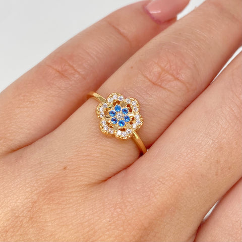 Anillo Flor Circones Blancos Celestes Oro amarillo / Talla 5 1/2 / 1,75 Gr *