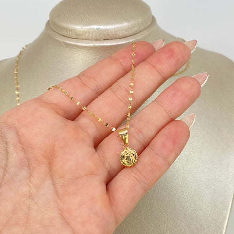 Set Cadena ● Flor Espejo Crispeta + Dije San Benito Oro amarillo 18k 1,37 Gr / 1,5 mm / 50 Cm *