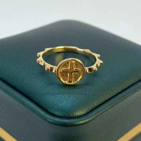 Anillo Cruz Fondo Diamantado Oro amarillo 18k / Talla 6 1/4 / 1,98 Gr