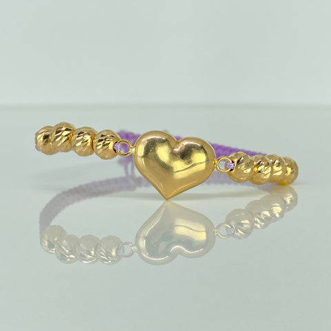 Pulsera tejida Herraje Corazon / BD 6uni 6mm / Hilo Lila Oro amarillo 18k 2,25 Gr †