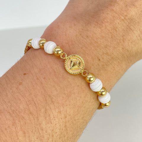Pulsera tejida Herraje Diamante / BL 6uni 5mm / Hilo Beige Neoprenos Blancos Oro amarillo 18k 1,18 Gr *