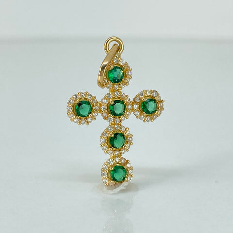 Dije Cruz Circones Verdes Blancos Oro amarillo 18k 2,6 Gr / 3,4 Cm