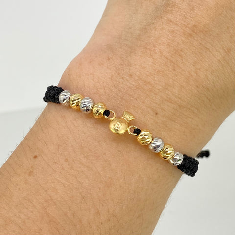 Pulsera tejida Herraje Bolsa Dinero / BD 8uni 5mm / Hilo Negro Oro amarillo y Oro Blanco 18k 1,22 Gr *
