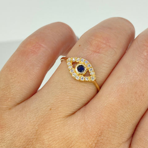 Anillo Ojo Circones Blancos Azul Oro amarillo 18k / Talla 7 / 1,52 Gr
