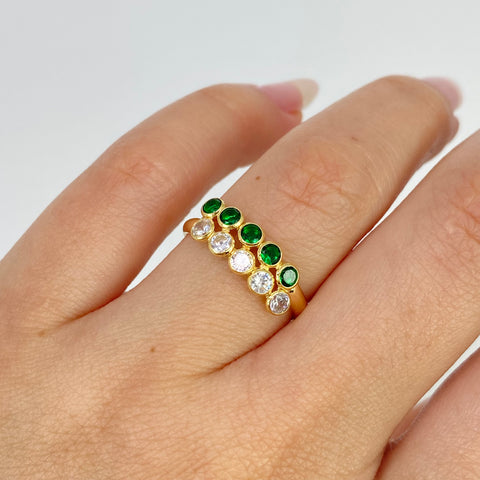 Anillo Circulos Circones Verdes Blancos Oro amarillo 18k / Talla 6 3/4 / 1,3 Gr *
