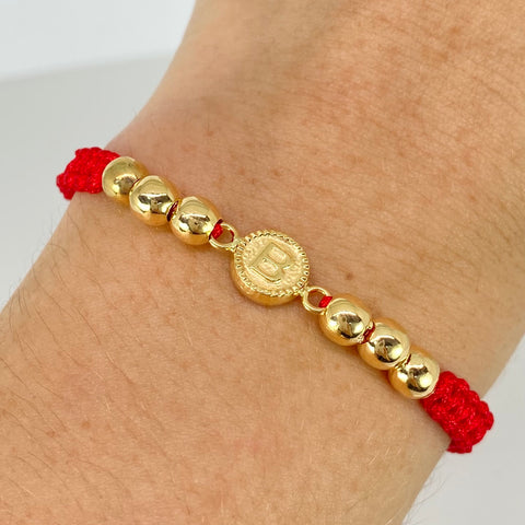 Pulsera tejida Herraje Letra B / BL 6uni 5mm / Hilo Rojo Oro amarillo 18k 1,4 Gr *