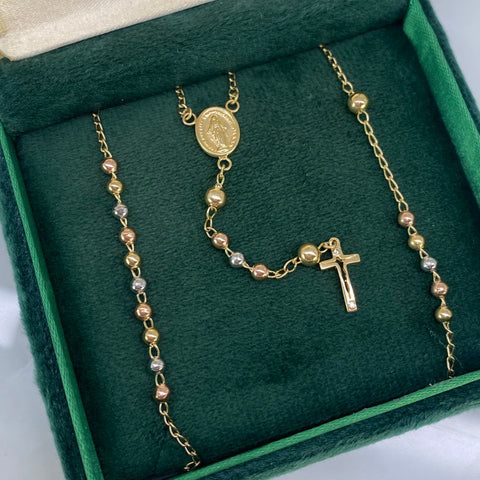 Rosario Balines Lisos Virgen Milagrosa / Cruz Cristo Tres oros 18k 8,90 Gr / 3 mm / 50 Cm †