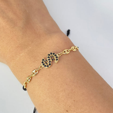 Pulsera tejida Signo Peso $ Hilo Negro Oro amarillo 18k 2,73 Gr †