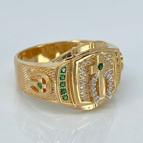 Anillo Cruz / Herradura Centrales Circones Blancos Y Verdes Oro amarillo 18k / Talla 9 3/4 / 8,38 Gr †