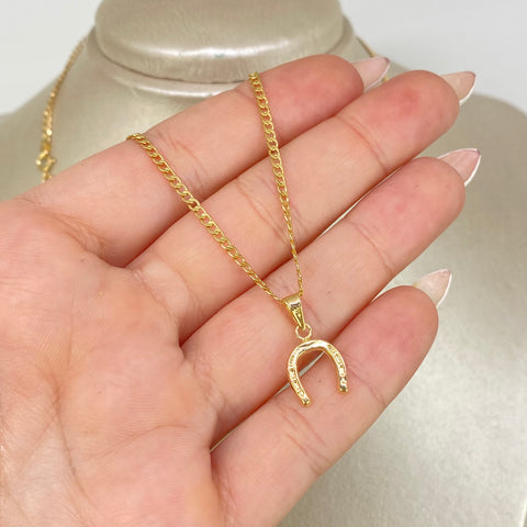 Set Cadena ● Cubana + Dije Herradura Oro amarillo 18k 2,08 Gr / 2 mm / 45 Cm *