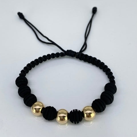 Pulsera tejida Bolas Lisas 8 mm Hilo Negro Oro amarillo 18k 0,93 Gr *