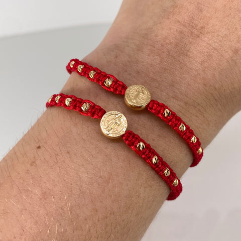 Pulsera tejida Pareja Herraje San Benito / BD 8uni 3mm / Hilo Rojo Oro amarillo 1,25 Gr *