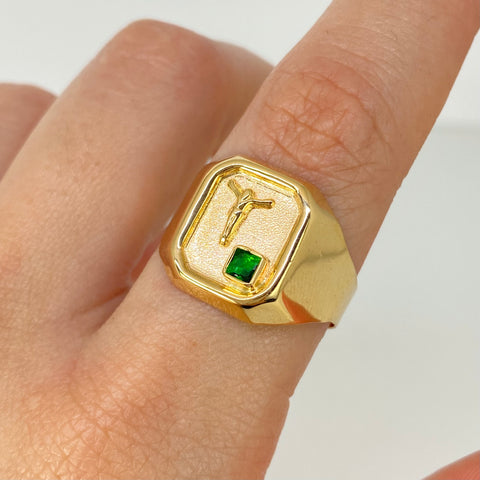 Anillo Sello Cristo Circon Verde Oro amarillo 18k / Talla 10 3/4 / 3,15 Gr *