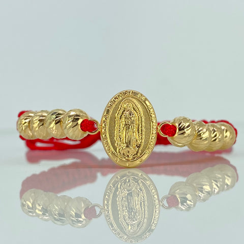 Pulsera tejida Herraje Virgen Guadalupe / BD 8uni 7mm / Hilo Rojo Oro amarillo 18k 2,7 Gr *