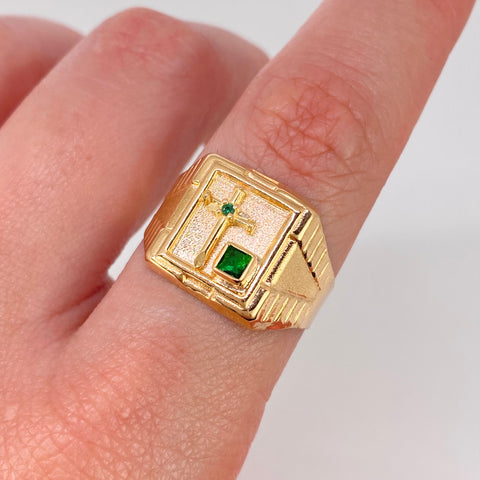 Anillo Sello Cruz Circones Verdes Oro amarillo / Talla 9 1/2 / 3,1 Gr