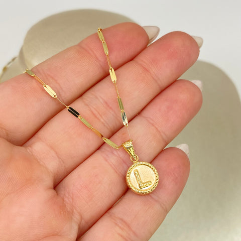 Set Cadena ● Flor Espejo + Dije Letra L Oro amarillo 18k 2,1 Gr / 1,7 mm / 45 Cm †