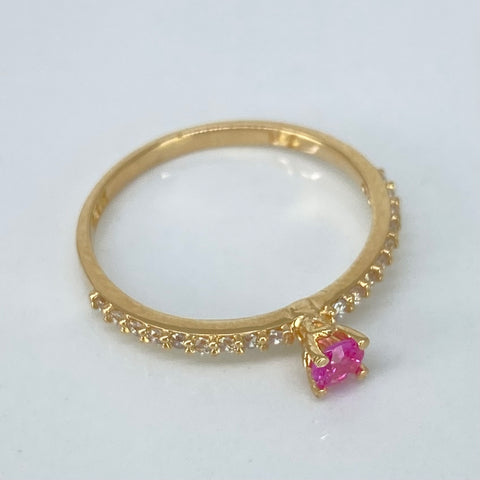 Anillo Solitario Circon Fucsia Y Blancos Oro amarillo 18k / Talla 7 / 1,80 Gr
