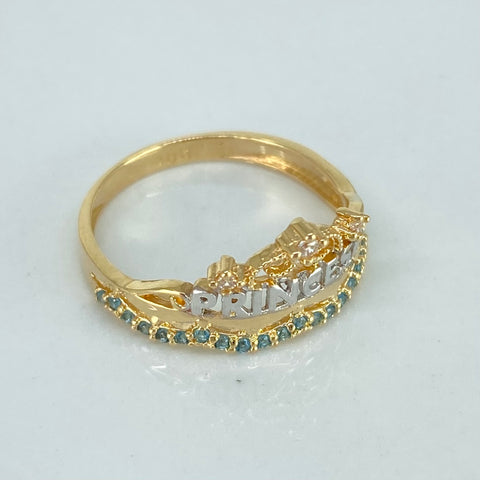 Anillo 15años Princesa Circones Verdes Blancos Oro amarillo y Oro blanco 18k / Talla 6 3/4 / 2,37 Gr *