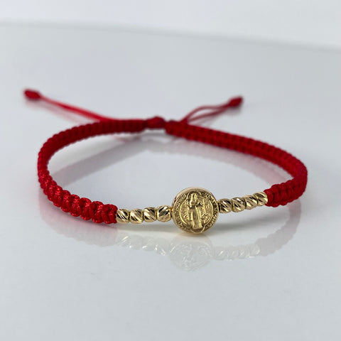Pulsera tejida Pareja Herraje San Benito / BD 8uni 3mm / Hilo Rojo Oro amarillo 1,25 Gr †