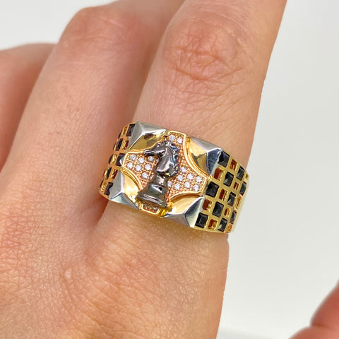 Anillo Ajedrez Ficha Caballo Circones Blancos Oro amarillo y Oro rosa 18k / Talla 10 / 6,50 Gr *