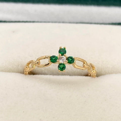 Anillo Cajón Cruz Circones Verdes Y Blancos Oro amarillo 18k / Talla 5 1/4 / 0,90 Gr *