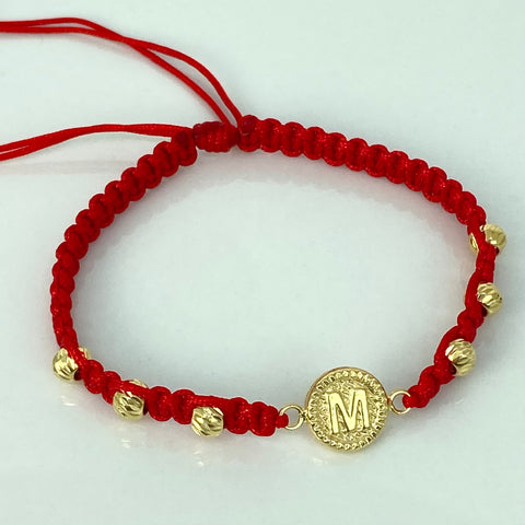 Pulsera tejida Herraje Letra M / BD 6uni 5mm / Hilo Rojo Oro amarillo 18k 1,17 Gr *