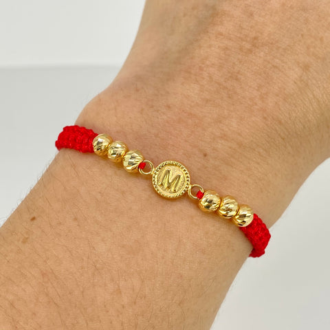 Pulsera tejida Herraje Letra M / BD 6uni 5mm / Hilo Rojo Oro amarillo 18k 1,14 Gr *